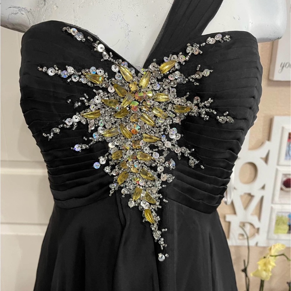 Night Moves Black and Silver Embellished One Shoulder Gown
